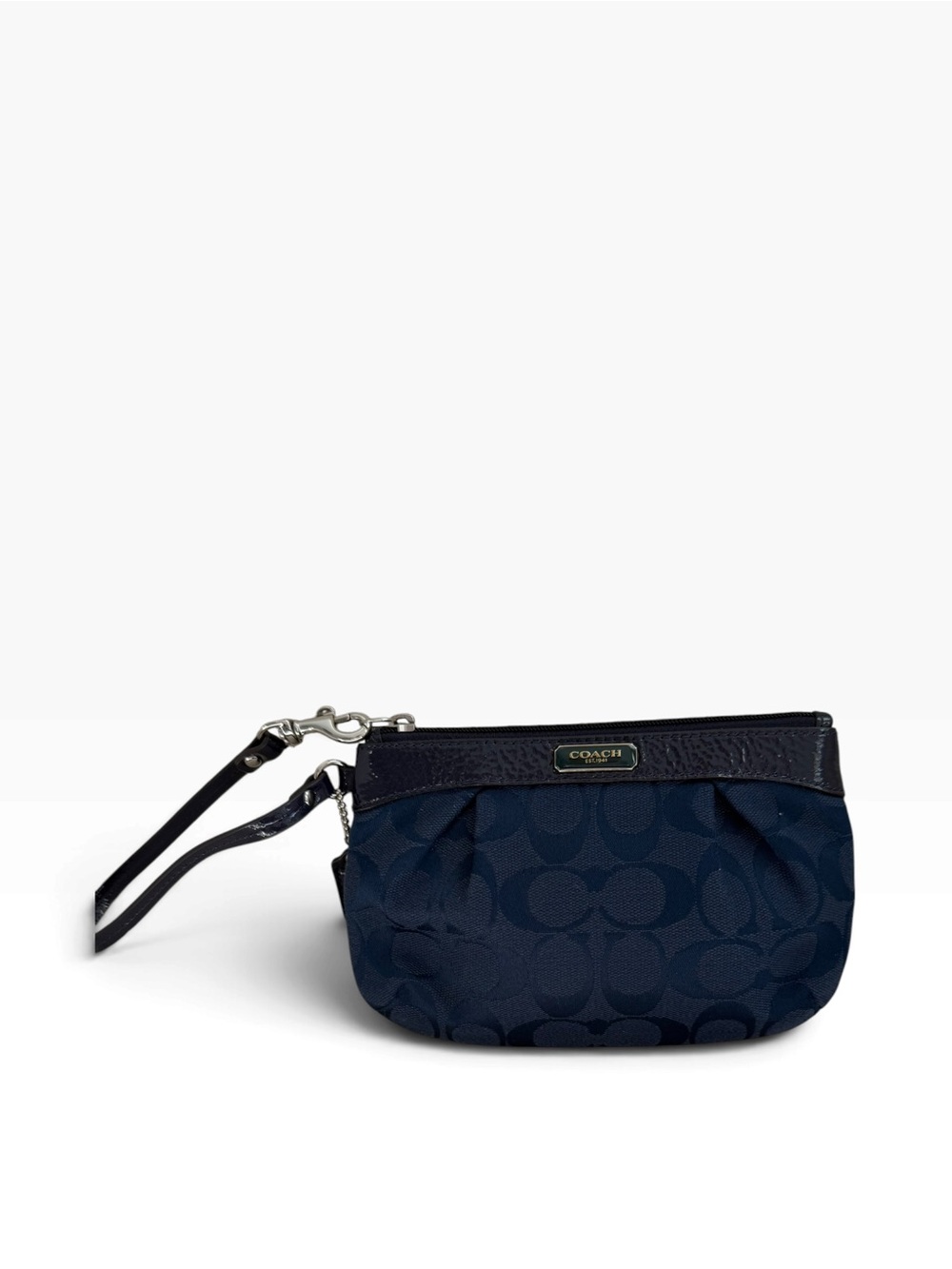 Coach Signature Jacquard Pleated Wristlet Navy Patent Leather
